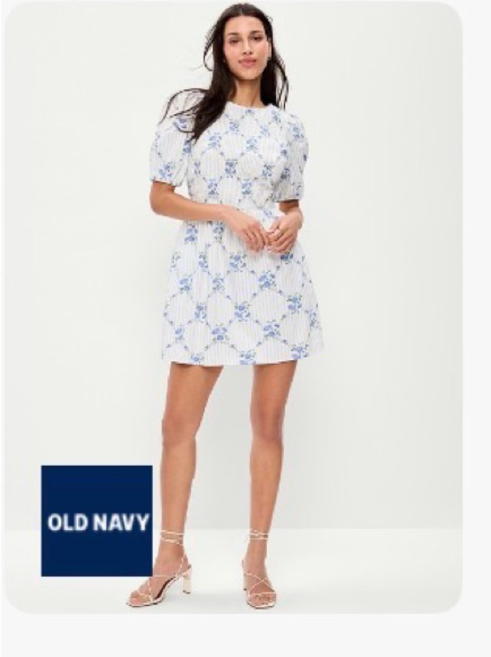 Old Navy Blue & White Floral Puff-Sleeve Mini Dress